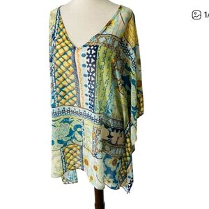 NWT Chico's Blue Yellow V Neck Summer Sunflower Lightweight Kimono Top L/XL